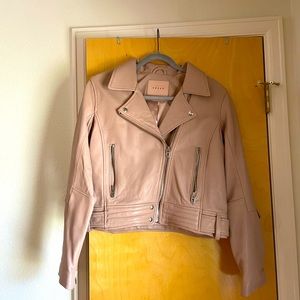 Blank NYC leather moto jacket in pink pearl